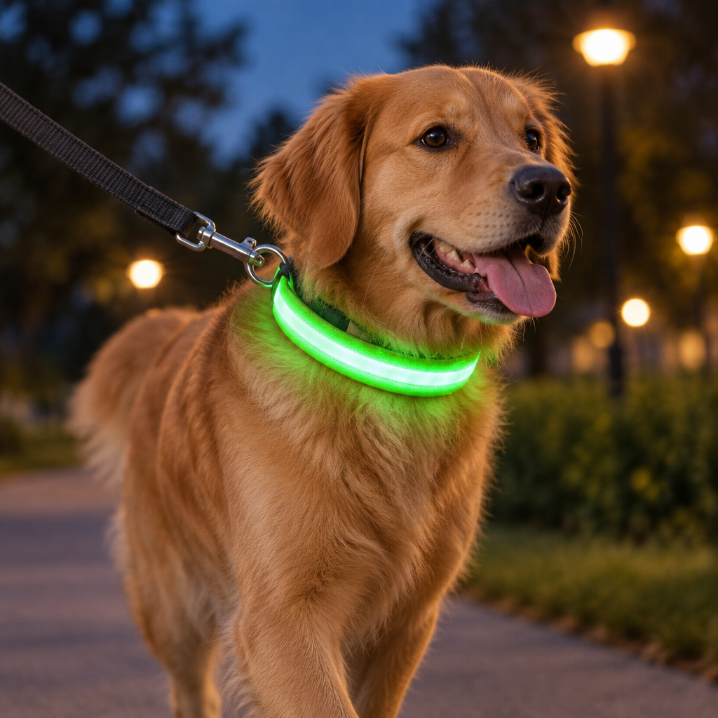 Dog wearing the illuminated LED Light-Up Dog Collar during a safe evening walk.