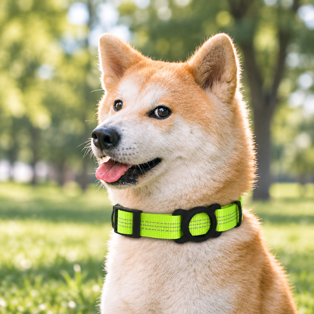 Dog at a sunny park wearing a neon green collar with empty round AirTag holder