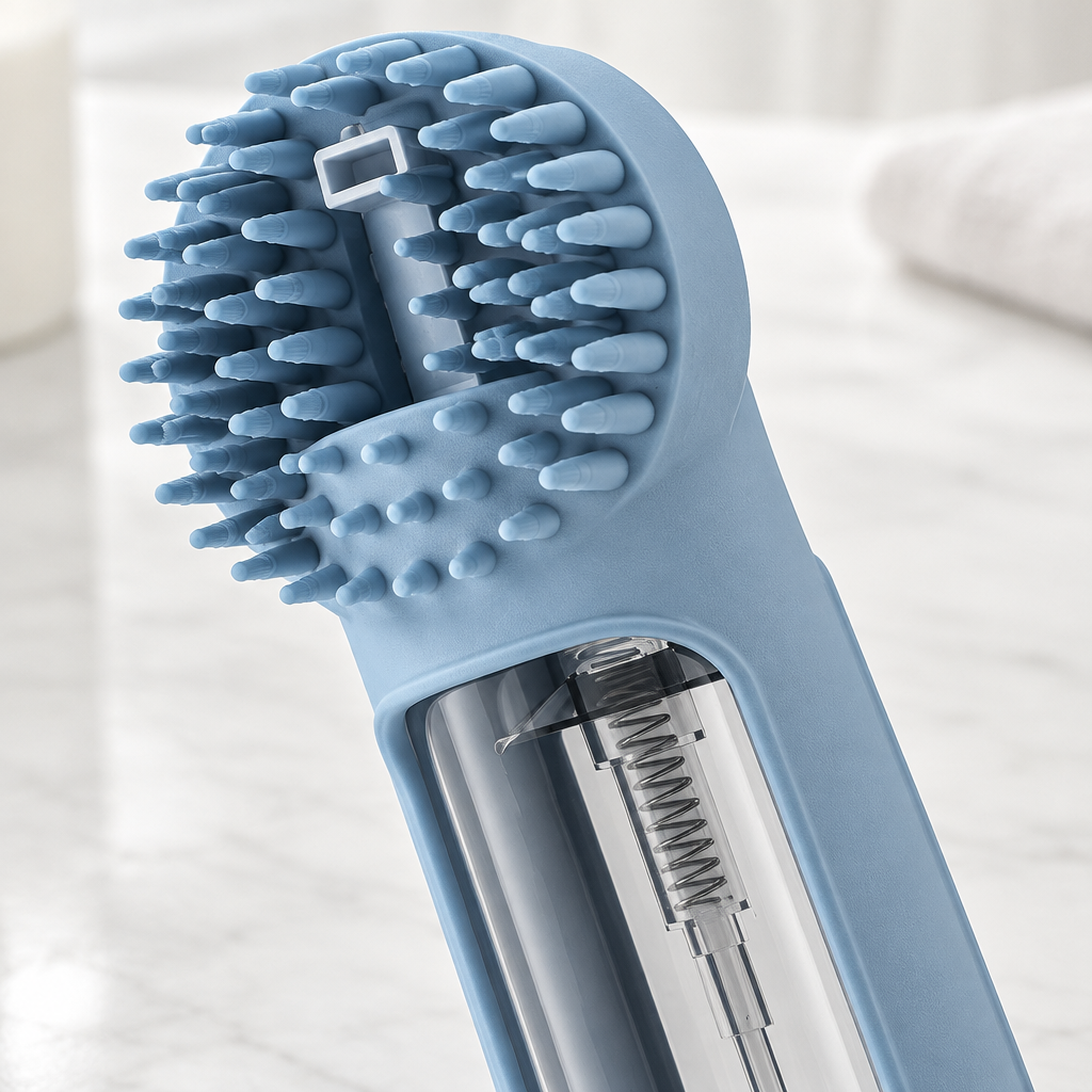 Close-up detail of the silicone bristles, foaming opening, surface texture, and handle on the Foaming Silicone Pet Bath Brush.