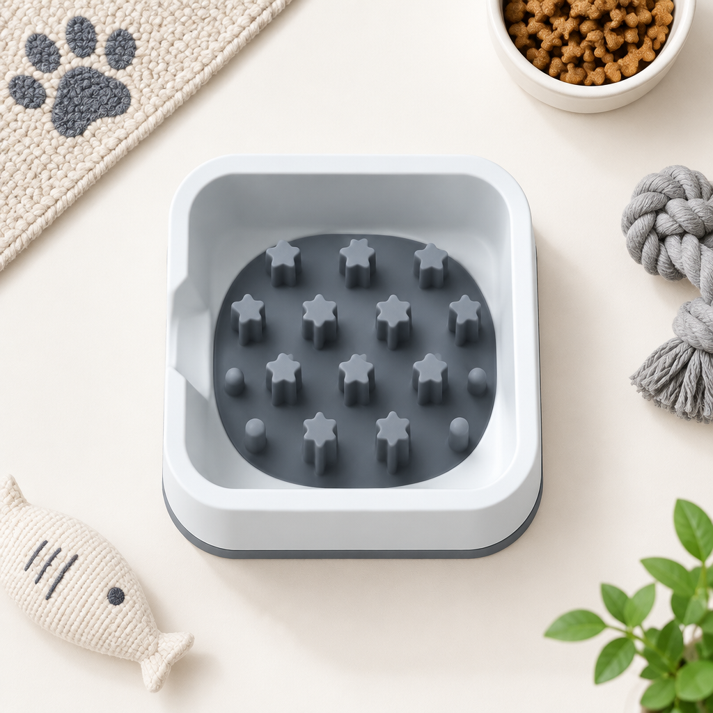 Bright minimal top-down flat lay of the Star Slow Feeder Cat Bowl on a clean neutral surface.