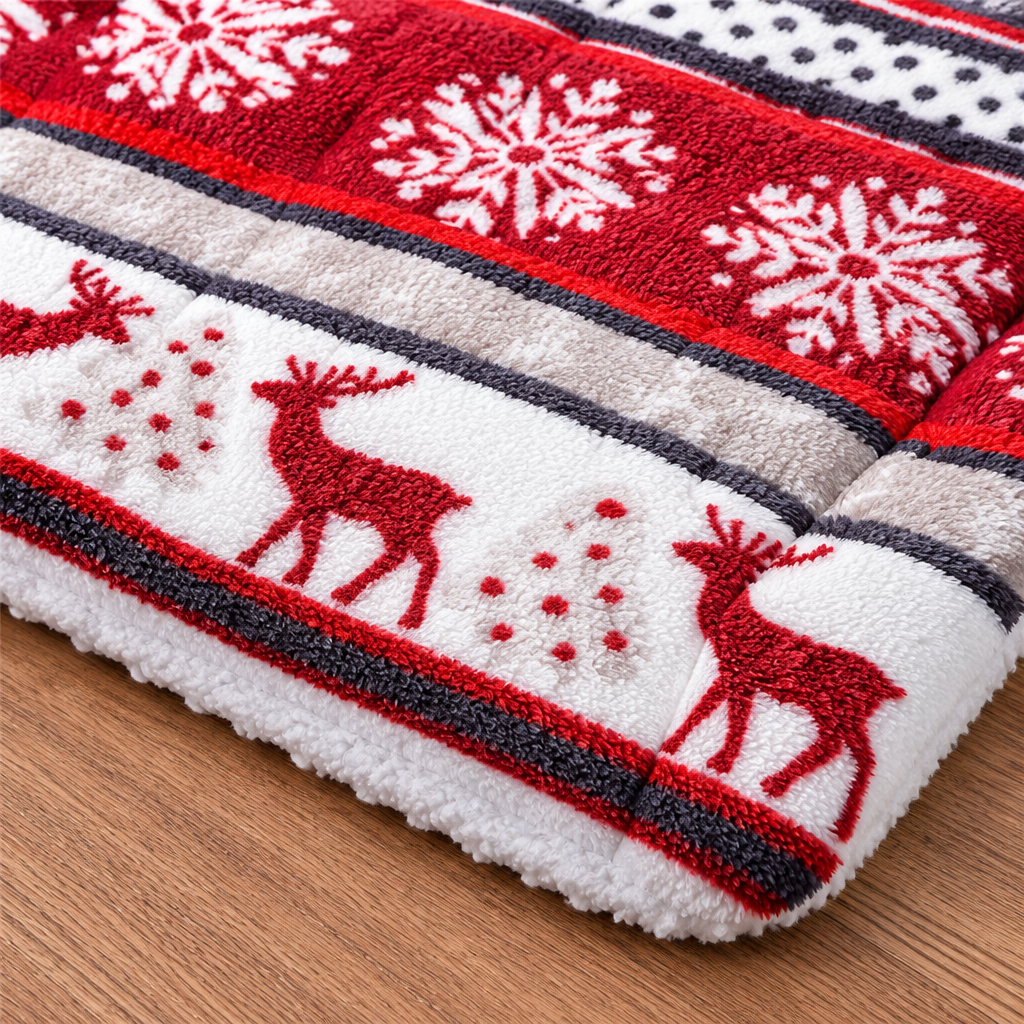 Close-up detail of the soft fleece fibers, print, stitching, and edge finish on the Cozy Fleece Dog Blanket Mat.