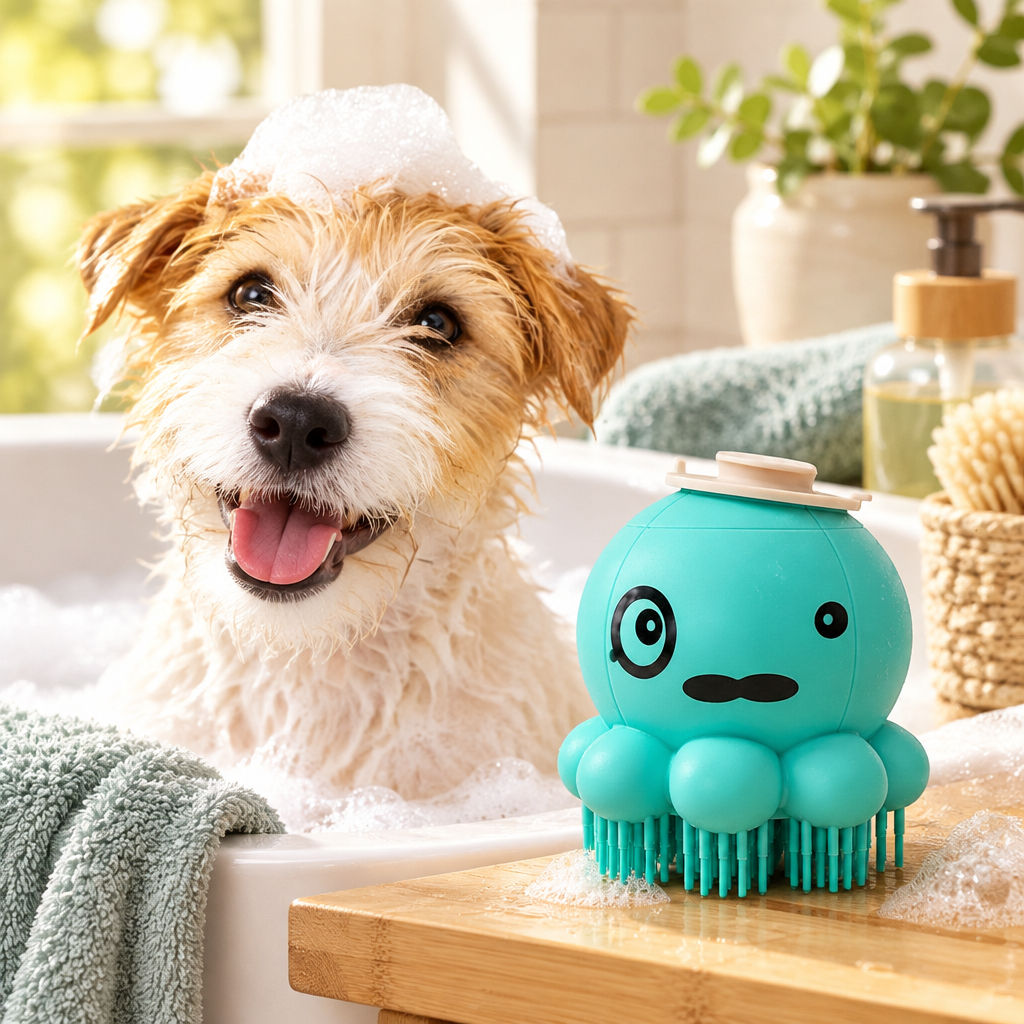 Turquoise Silicone Dog Bath and Massage Brush in a calm sunlit home wash area with a dog nearby.