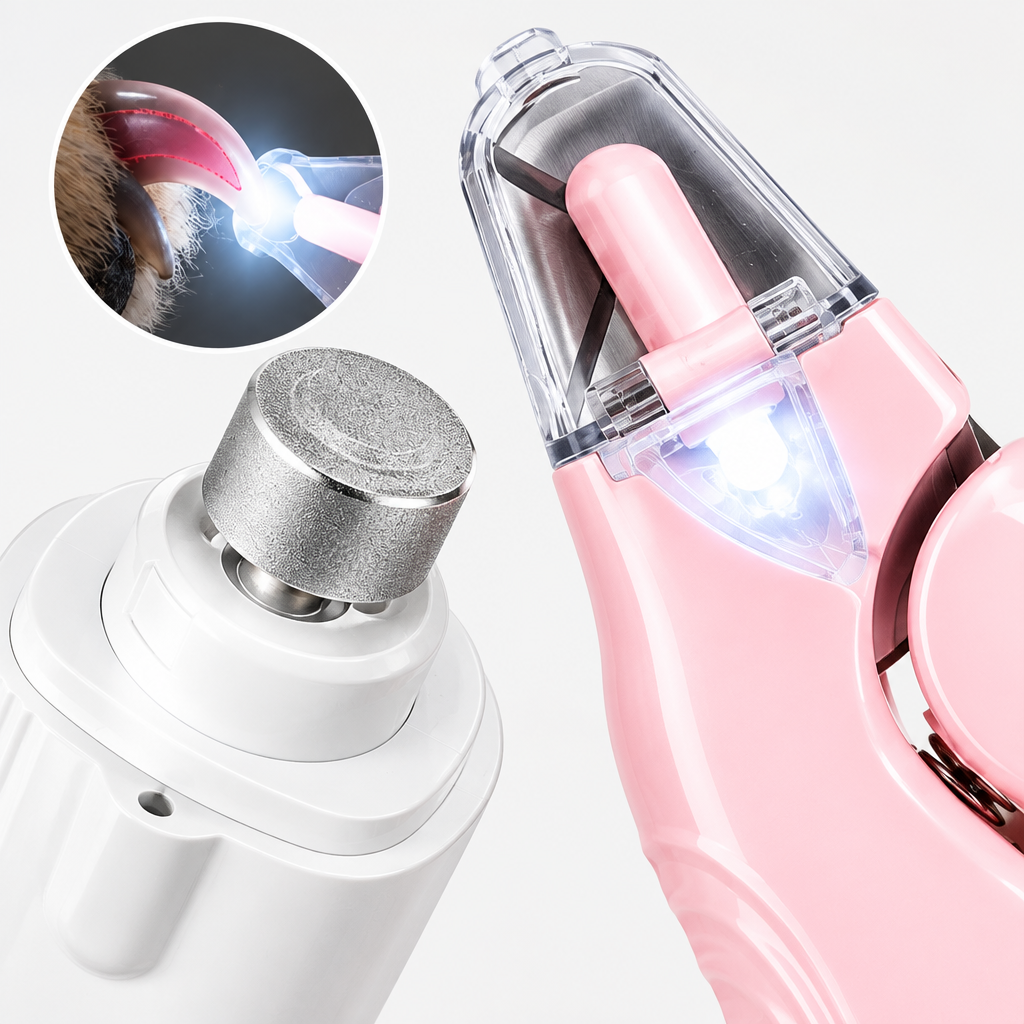 Close-up detail of the grinding head, clipper area, and LED light on the 2-in-1 Pet Nail Grinder and Clipper.