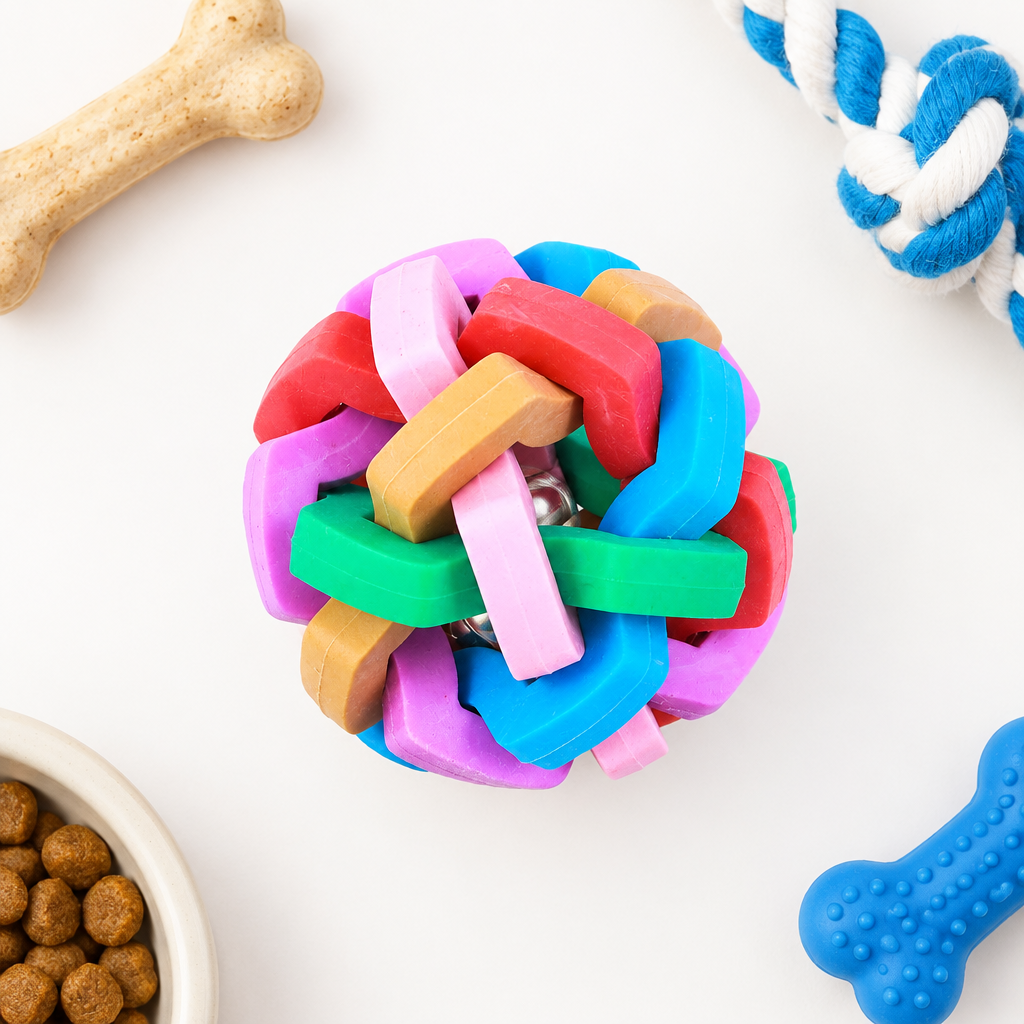 Bright minimal top-down flat lay of the Light-Up Bouncy Dog Ball with Bells.