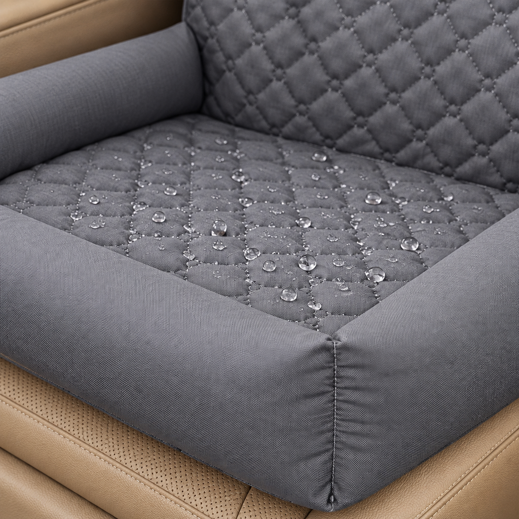 Close-up detail of the waterproof surface, stitching, padding, and edge finish on the Portable Waterproof Dog Car Bed.