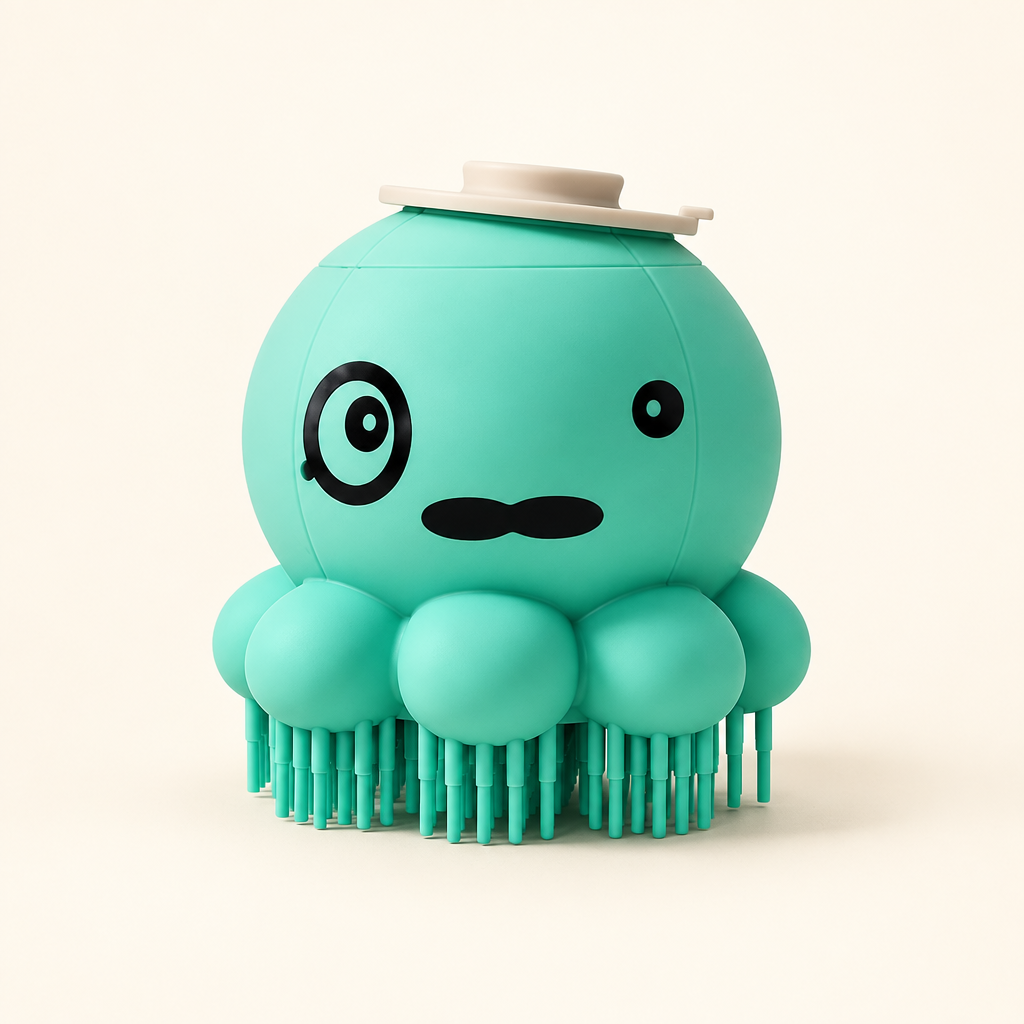 Turquoise Silicone Dog Bath and Massage Brush on a soft cream background in a clean studio setting.