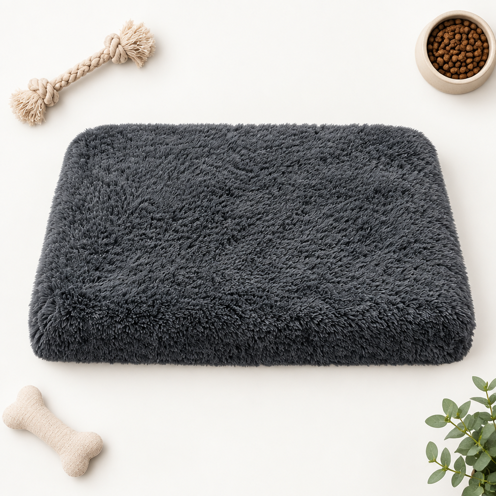 Bright minimal top-down flat lay of the Plush Nest Dog Bed on a clean neutral surface.