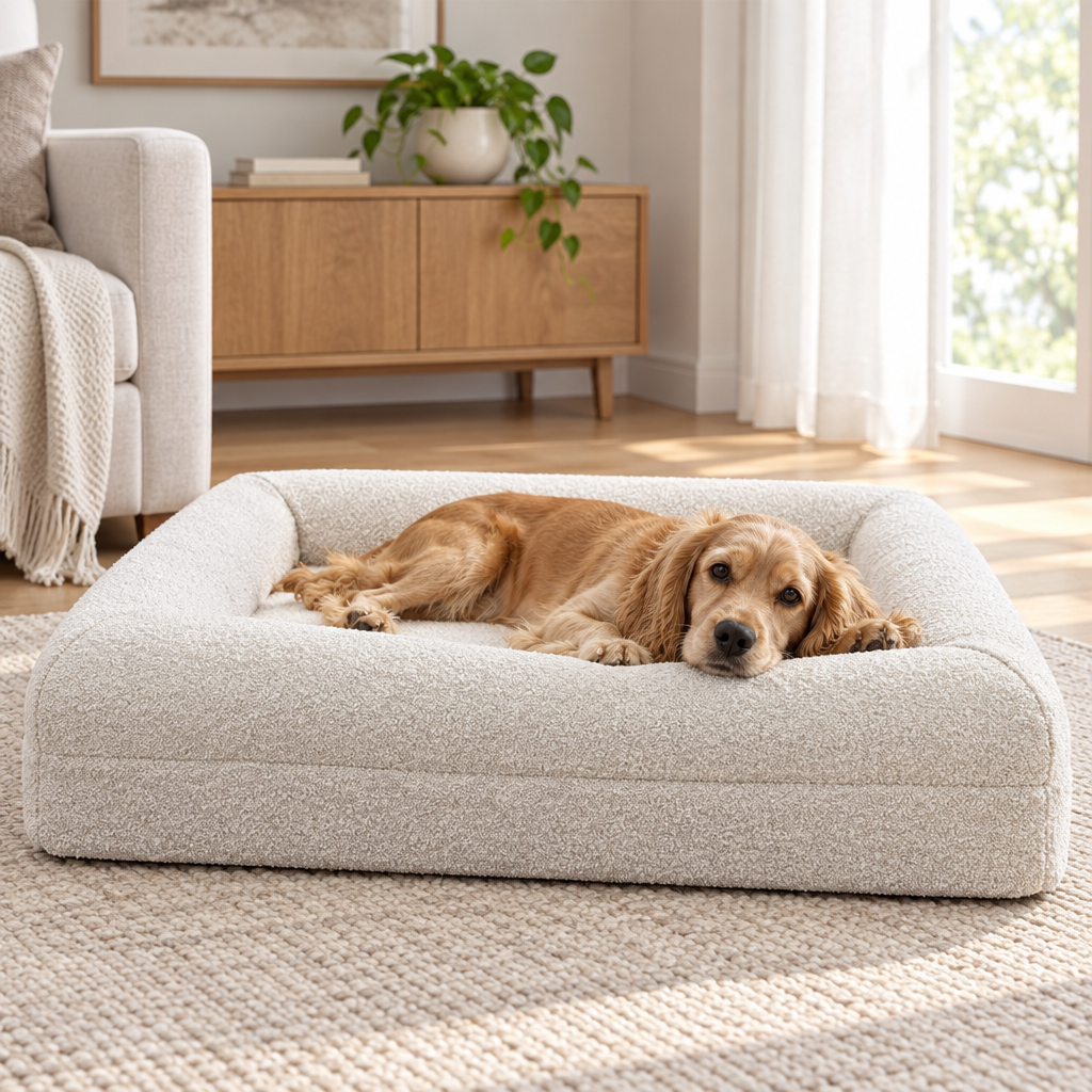 Dog resting comfortably on the Memory Foam Dog Bed in a bright calm home.