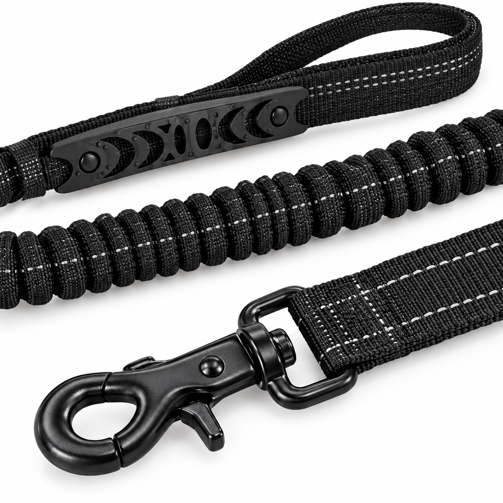 Close-up detail of the clasp, webbing, stitching, and shock-absorbing section on the Tactical Shock-Absorbing Dog Leash.