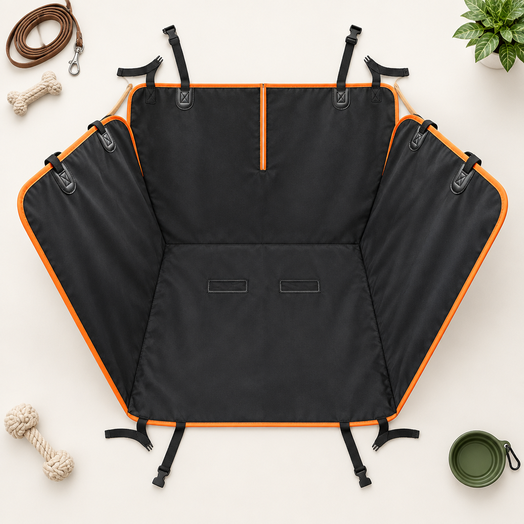 Bright minimal top-down flat lay of the Waterproof Dog Car Seat Cover on a clean neutral surface.