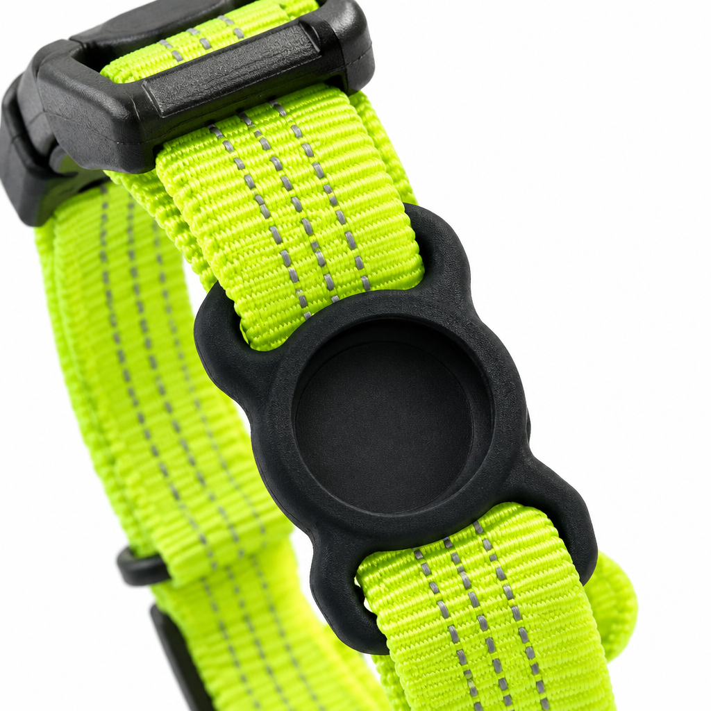 Close-up of neon green collar buckle and empty black round AirTag holder