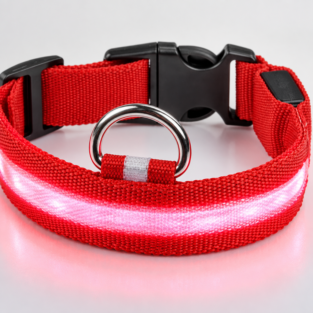 Close-up detail of the illuminated strip, collar texture, clasp, and controls on the LED Light-Up Dog Collar.
