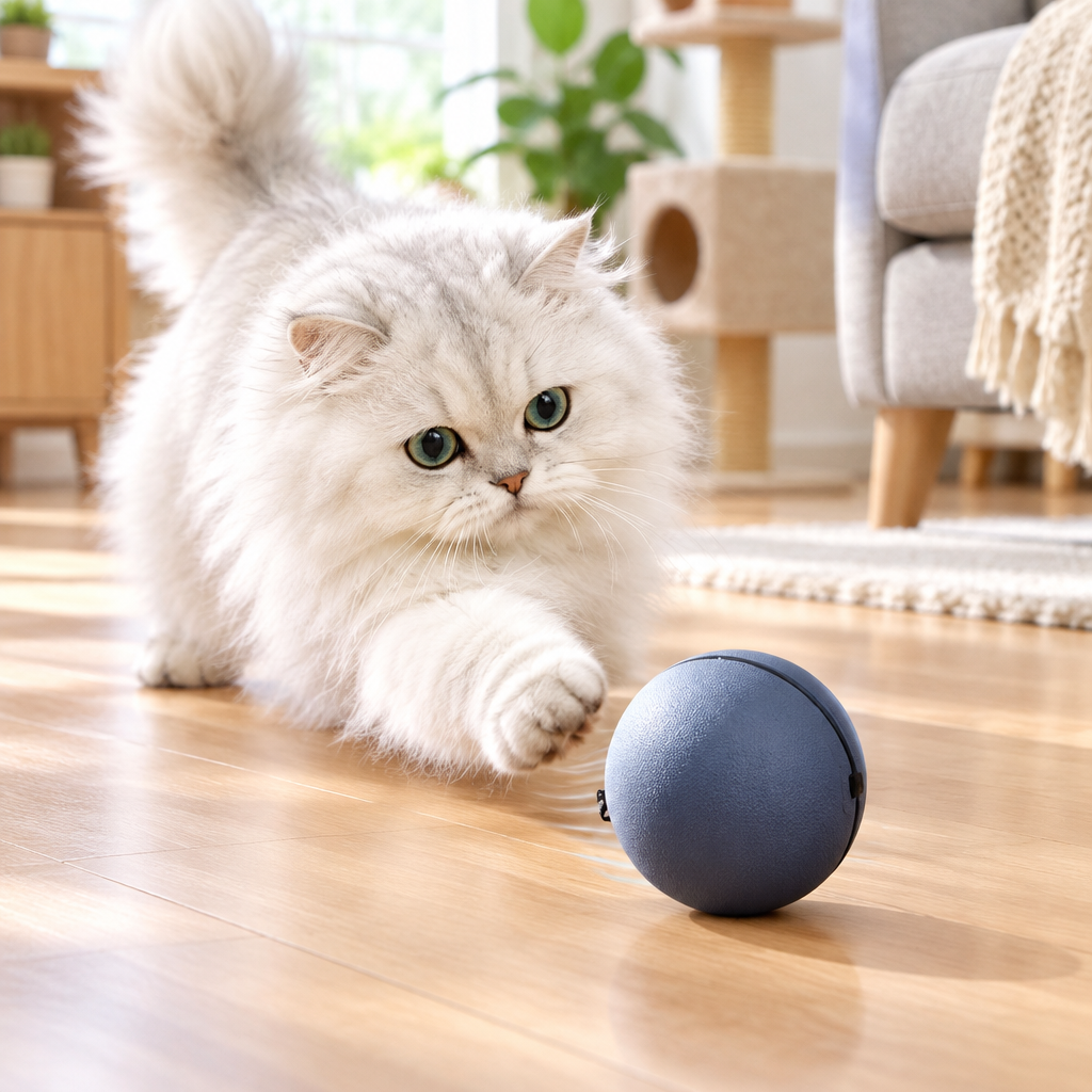 Indoor cat naturally playing with the Automatic Rolling Ball Cat Toy in a bright home.