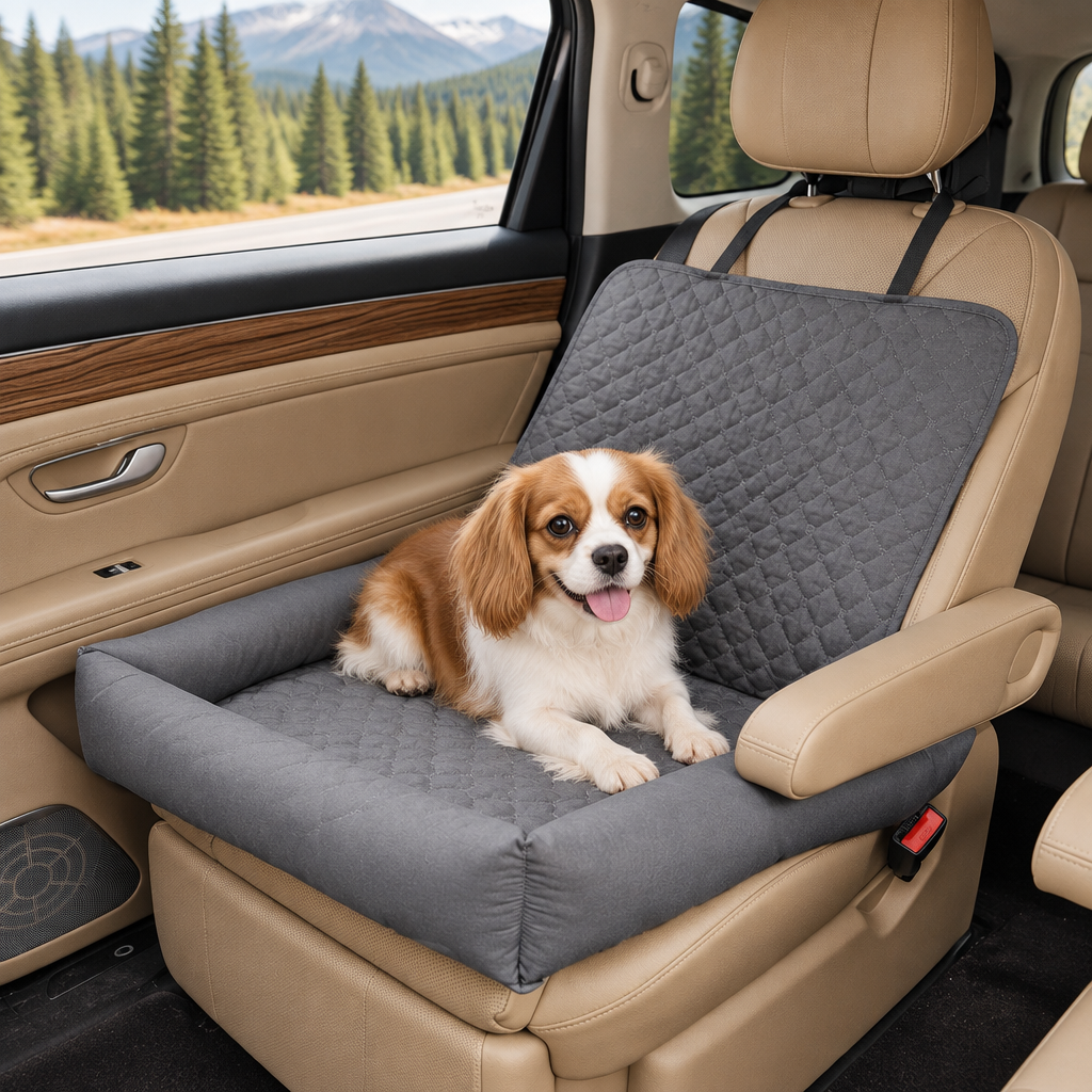 Calm dog using the Portable Waterproof Dog Car Bed inside a parked car during a road trip.