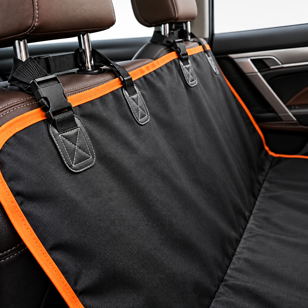 Close-up detail of the waterproof surface, seams, stitching, and attachment details on the Waterproof Dog Car Seat Cover.