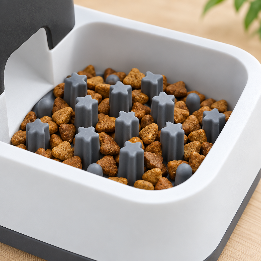 Close-up of the Star Slow Feeder Cat Bowl star-shaped ridges filled with dry cat food.