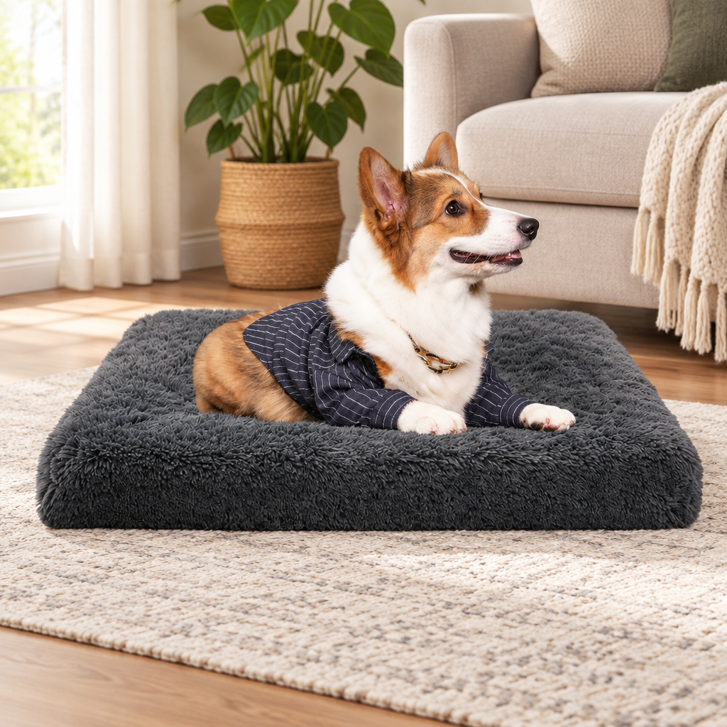 Relaxed dog resting in the Plush Nest Dog Bed in a cozy home.