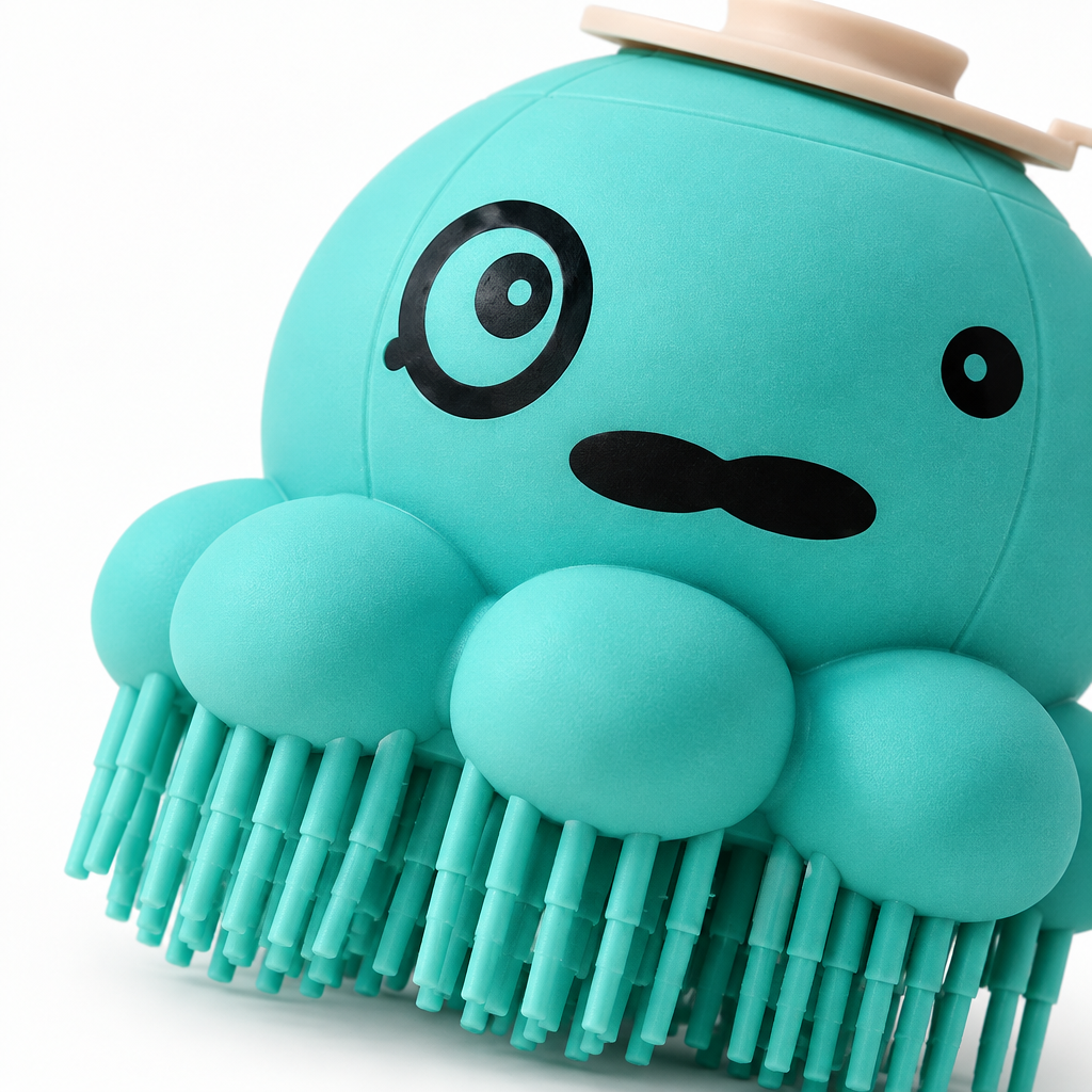 Close-up detail of the silicone bristles, surface texture, and handle on the turquoise Silicone Dog Bath and Massage Brush.