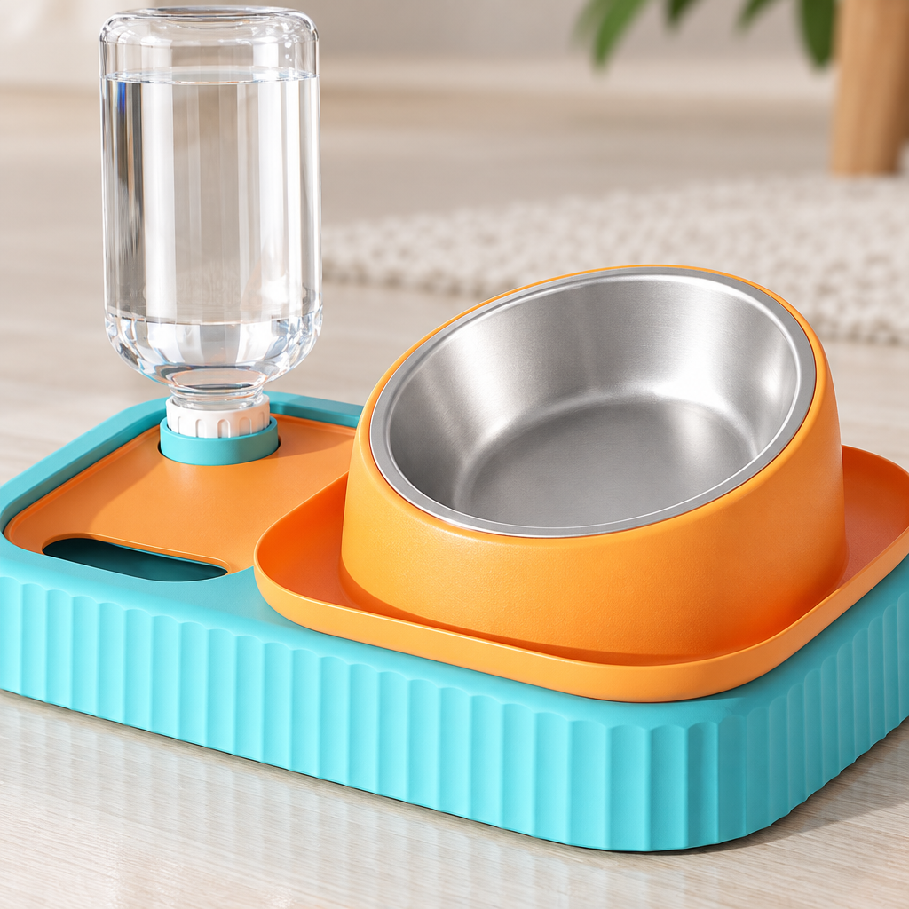 Close-up detail of the 15-degree tilted bowl, stand, bowl rim, and gravity water dispenser.