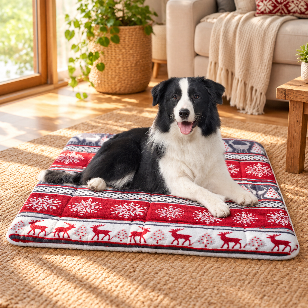 Cozy Fleece Dog Blanket Mat in a warm sunlit living room or covered patio resting spot.