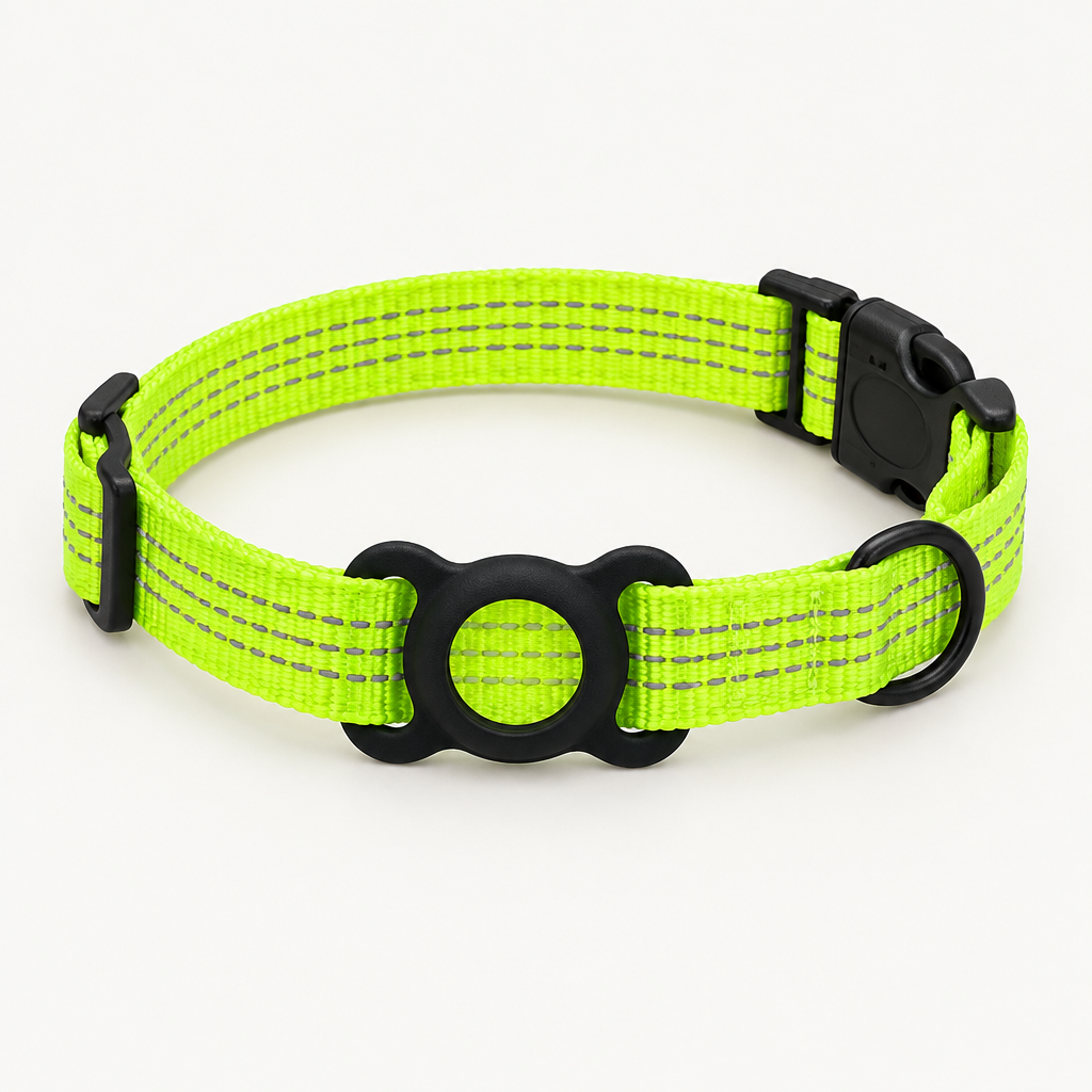 Bright flat-lay of neon green dog collar with black buckle and empty round AirTag holder
