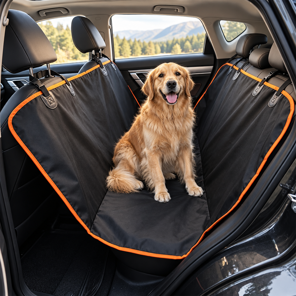 Happy dog using the Waterproof Dog Car Seat Cover in the back seat of a car during a road trip.