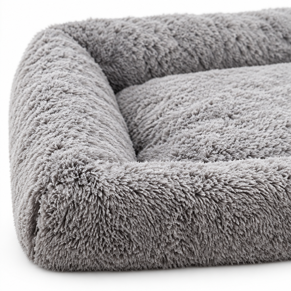 Close-up detail of the plush fabric, raised sides, stitching, and cushion of the Plush Nest Dog Bed.