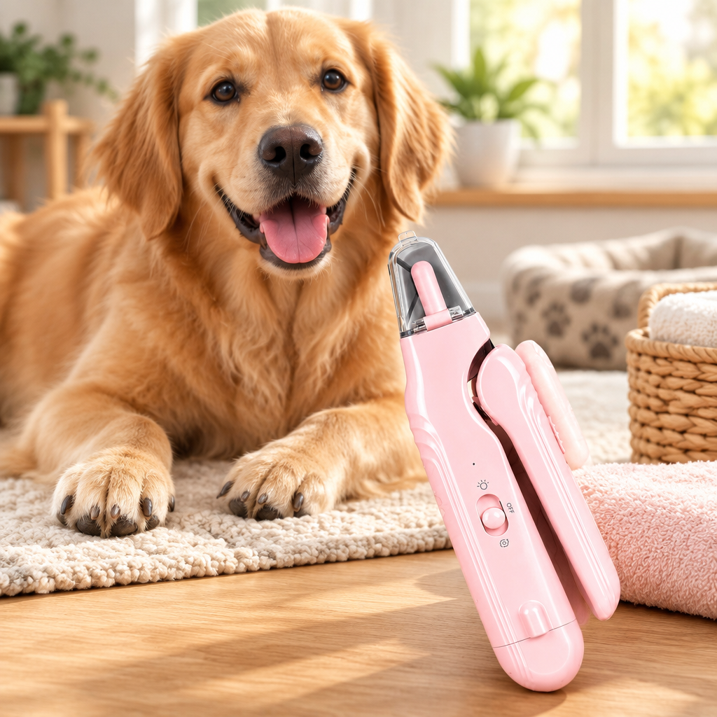 2-in-1 Pet Nail Grinder and Clipper with LED Light in a tidy home pet-grooming corner with a dog nearby.