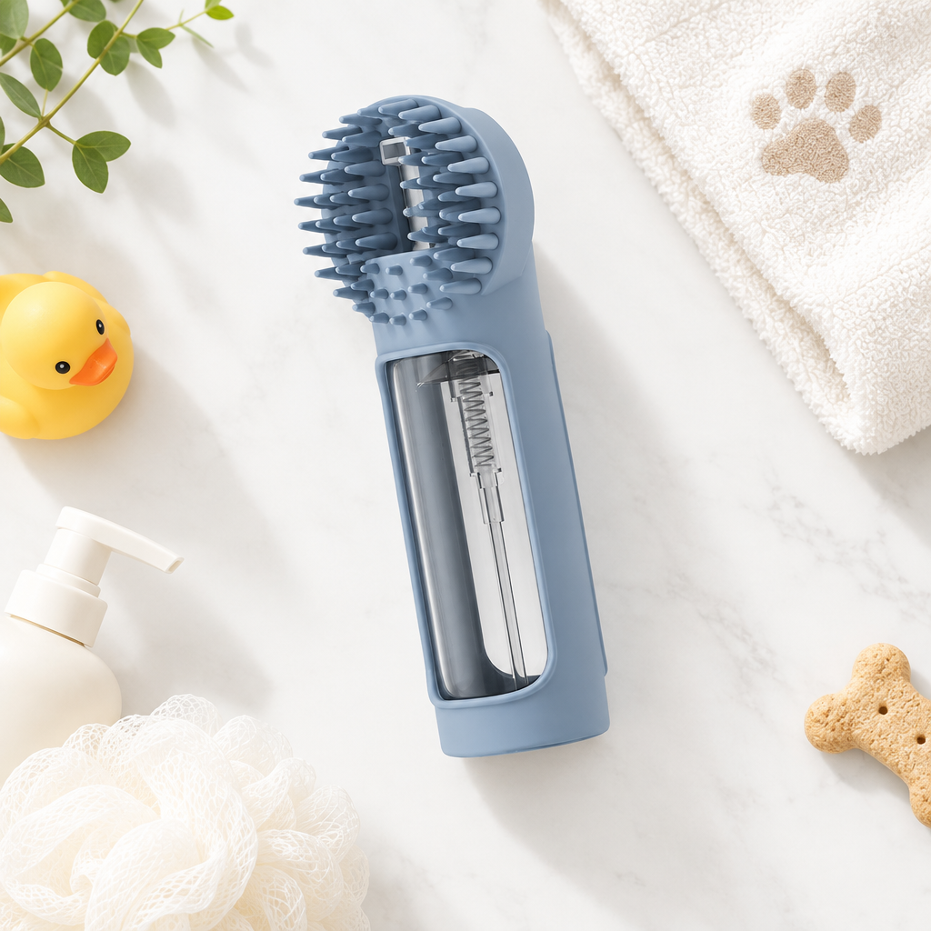 Bright minimal top-down flat lay of the Foaming Silicone Pet Bath Brush on a clean neutral surface.