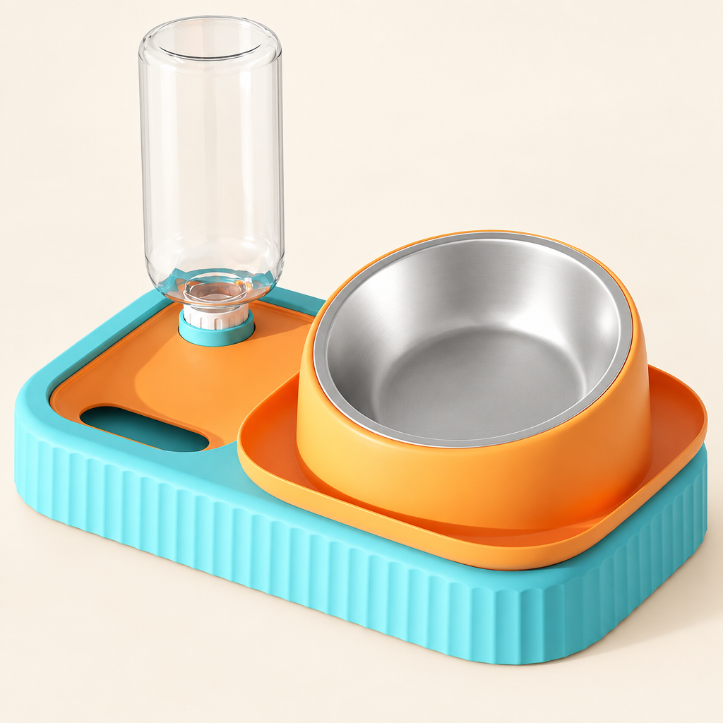 Elevated cat and dog bowl set with gravity water dispenser on a soft cream background.