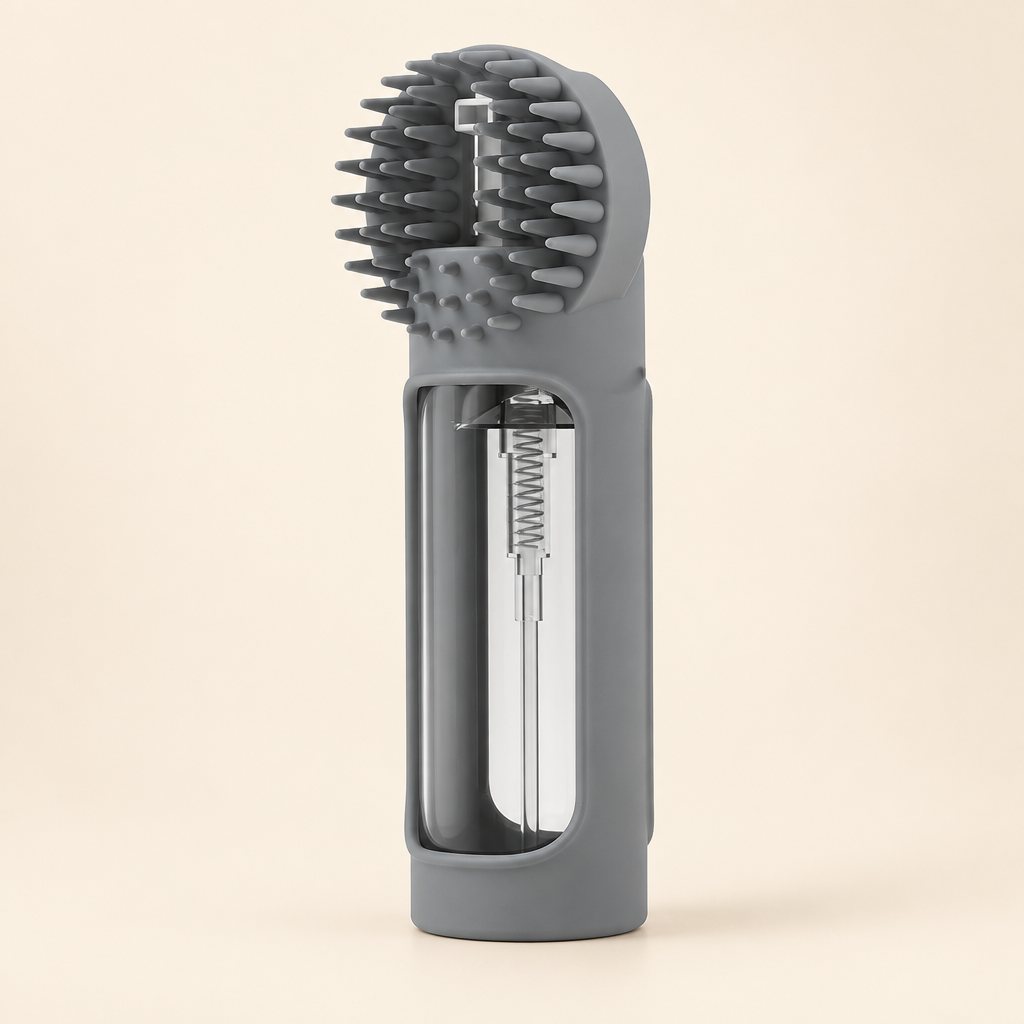 Foaming Silicone Pet Bath Brush for dogs and cats on a soft cream background in a clean studio setting.
