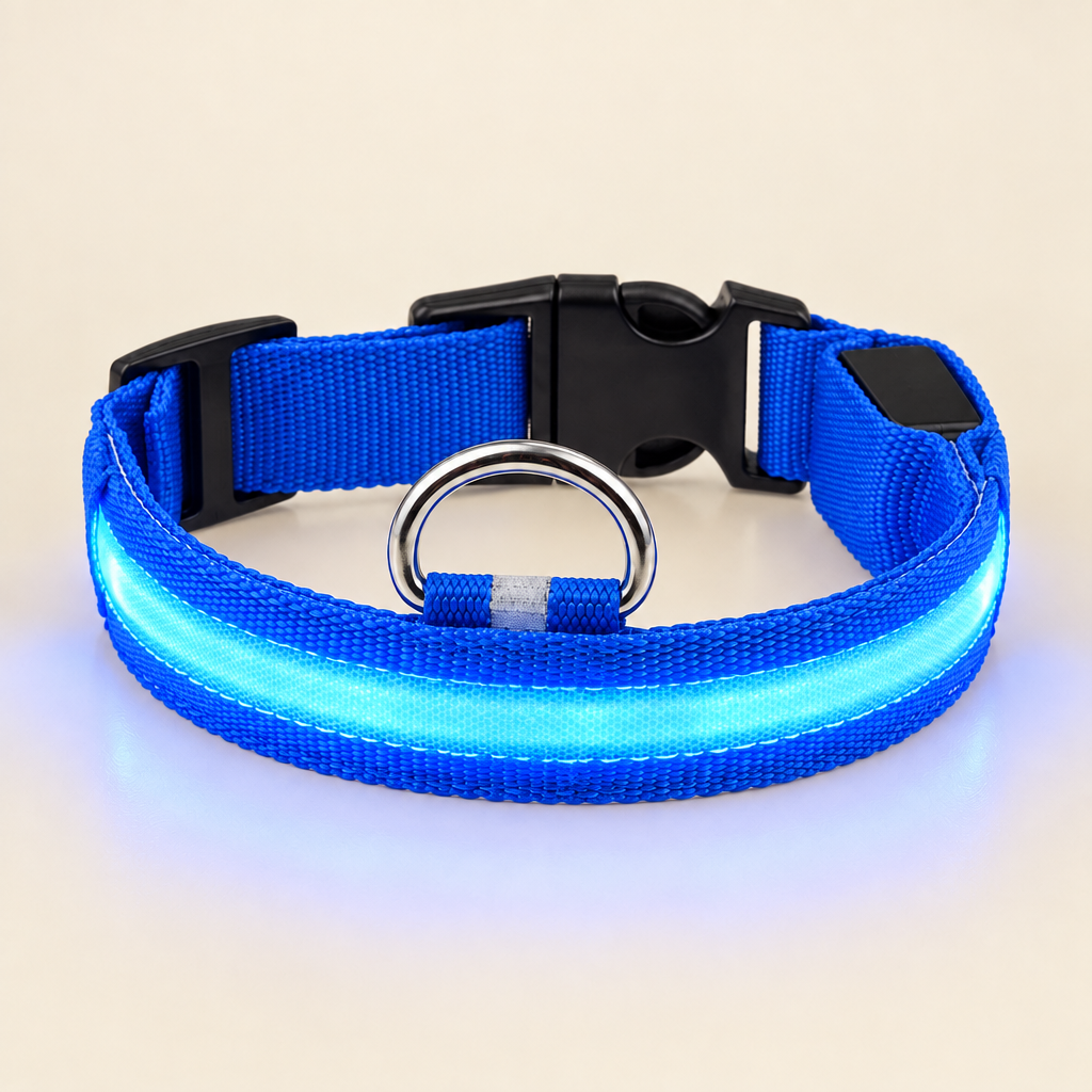 LED Light-Up Dog Collar glowing blue