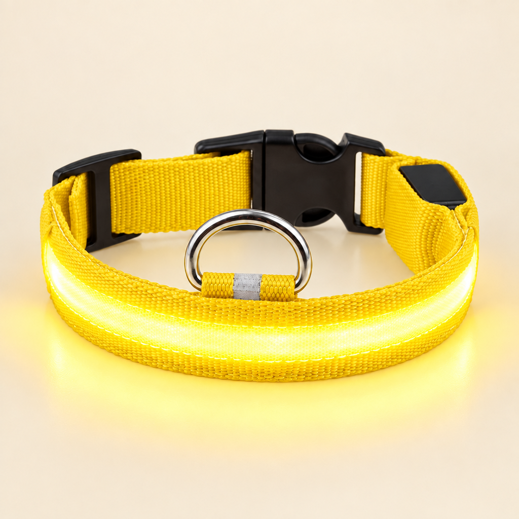 LED Light-Up Dog Collar glowing yellow