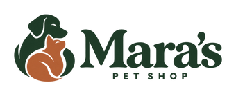 Mara's Pet Shop logo with a dog and cat in forest green and terracotta