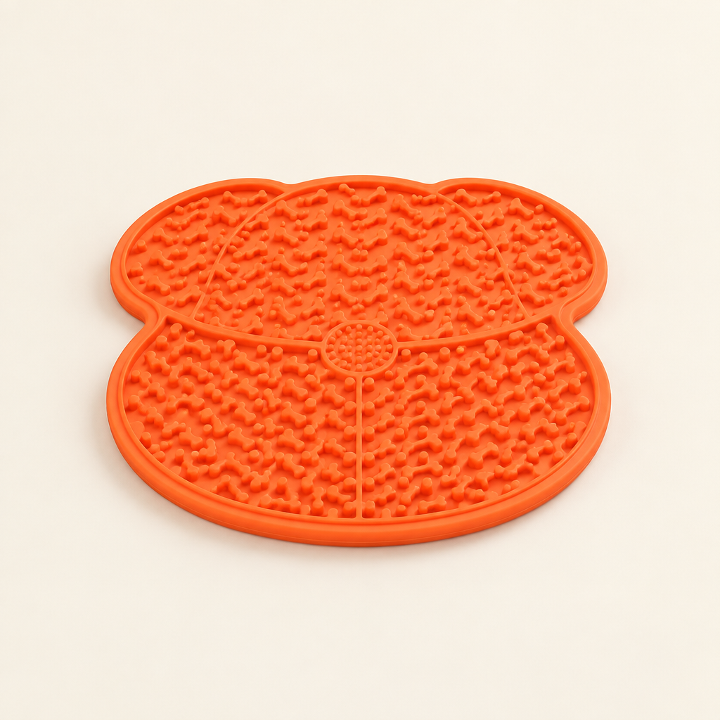 Orange lick mat slow feeder for dogs and cats
