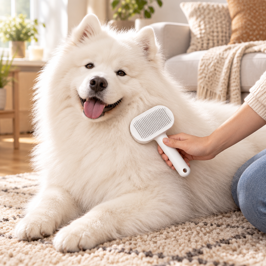 Brushing a fluffy Samoyed with the self-cleaning slicker brush