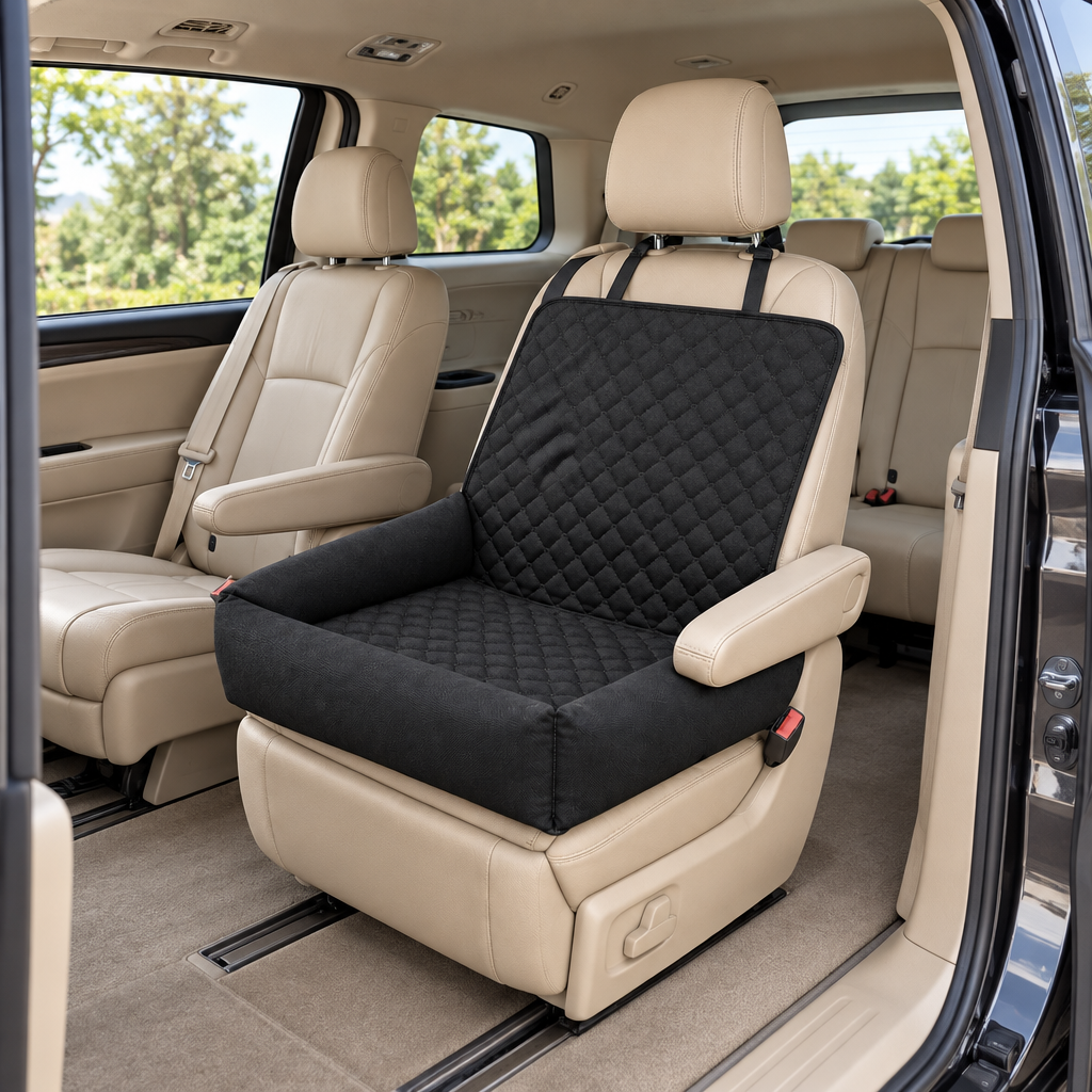Portable Waterproof Dog Car Bed in Black on a minivan captain's chair