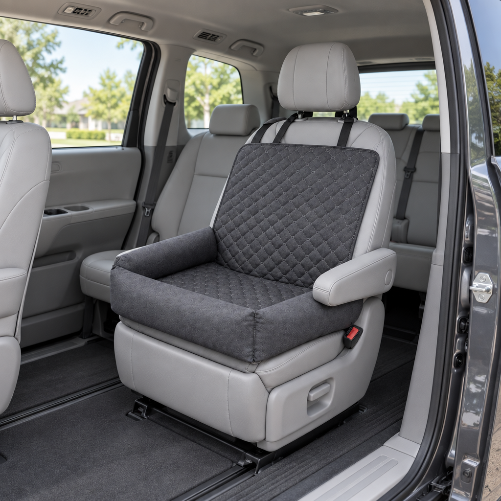 Portable Waterproof Dog Car Bed in Gray on a minivan captain's chair